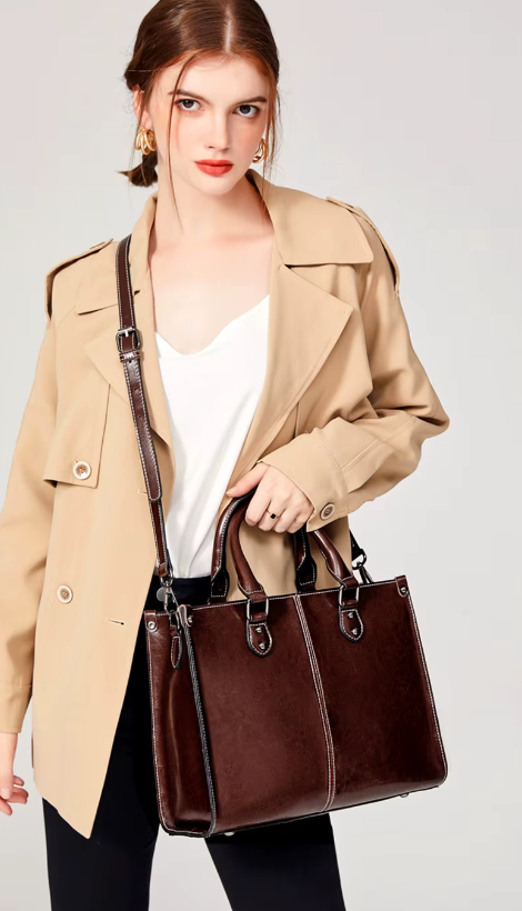 Luxury Rivet Zipper Genuine Leather Cowhide Tote Handbags Mssza