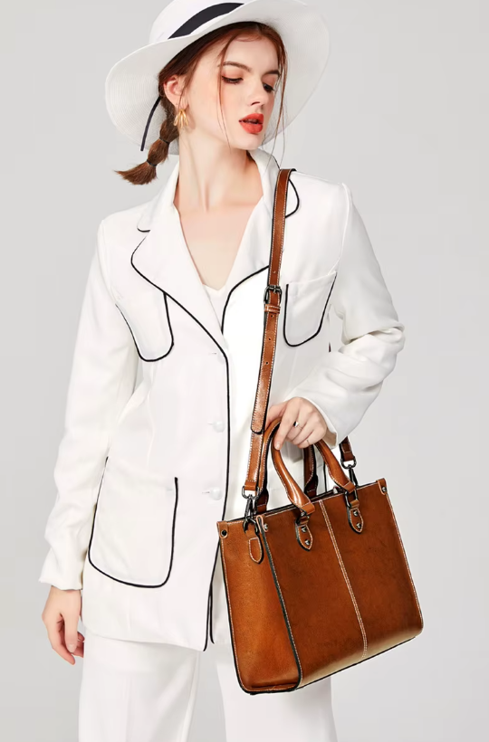 Luxury Rivet Zipper Genuine Leather Cowhide Tote Handbags Mssza