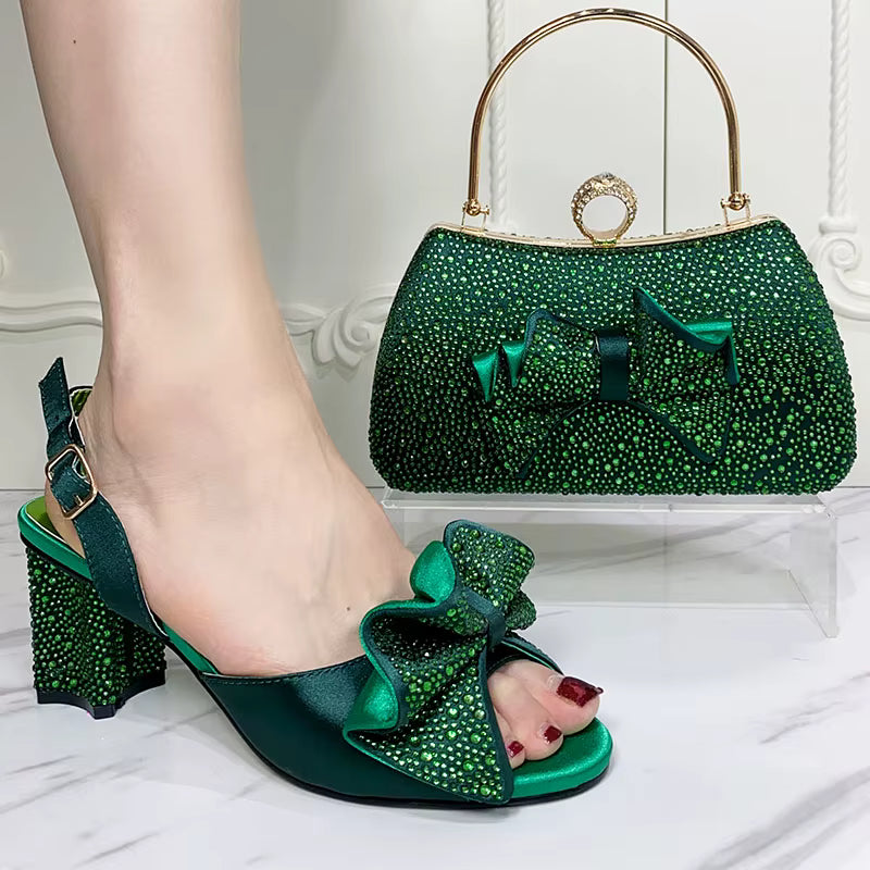 Luxury Round Toe Bowtie Bright Diamond High Heels Shoes And Bags Set Mssza