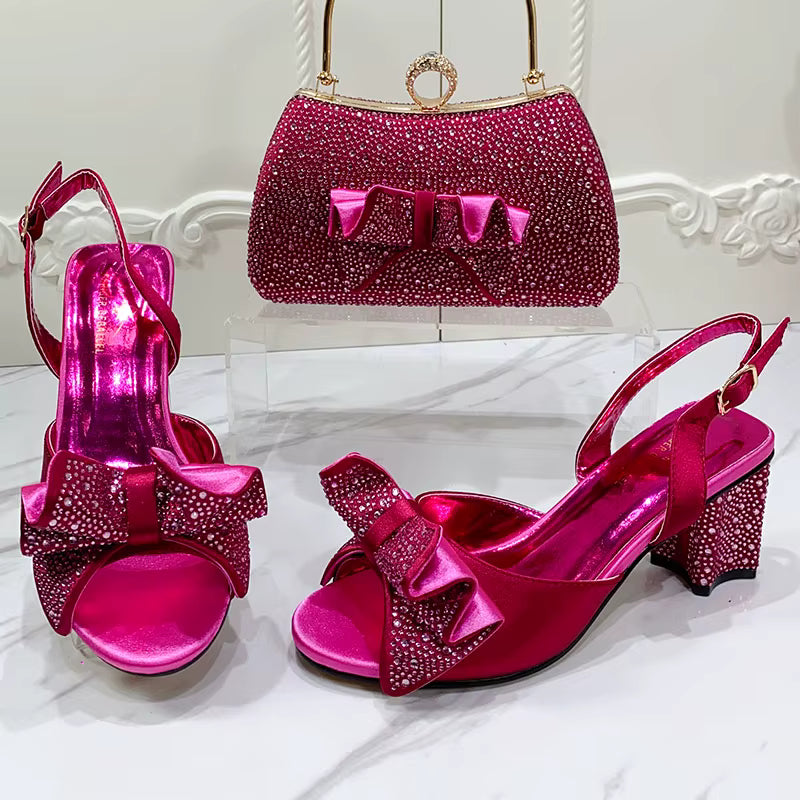 Luxury Round Toe Bowtie Bright Diamond High Heels Shoes And Bags Set Mssza