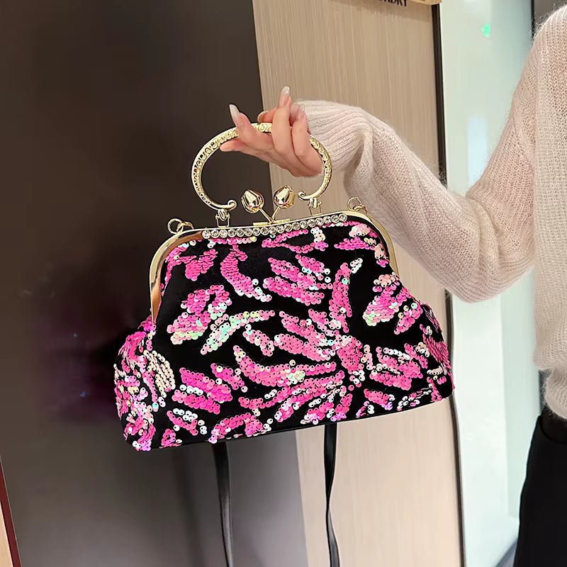 Luxury Embroidery Sequin Flowers Clip Shoulder Shell Evening Bag Mssza