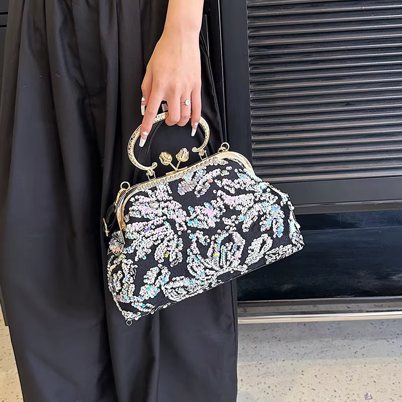 Luxury Embroidery Sequin Flowers Clip Shoulder Shell Evening Bag Mssza