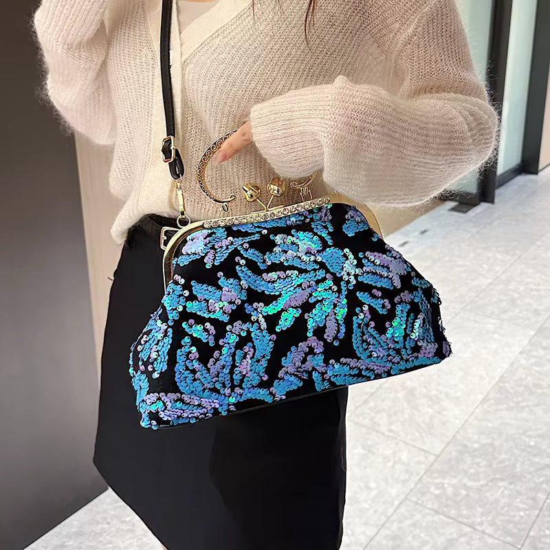 Luxury Embroidery Sequin Flowers Clip Shoulder Shell Evening Bag Mssza