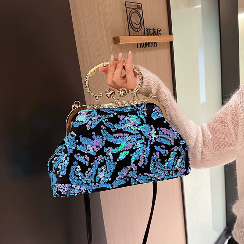 Luxury Embroidery Sequin Flowers Clip Shoulder Shell Evening Bag Mssza