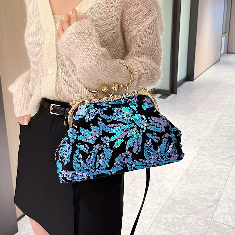 Luxury Embroidery Sequin Flowers Clip Shoulder Shell Evening Bag Mssza