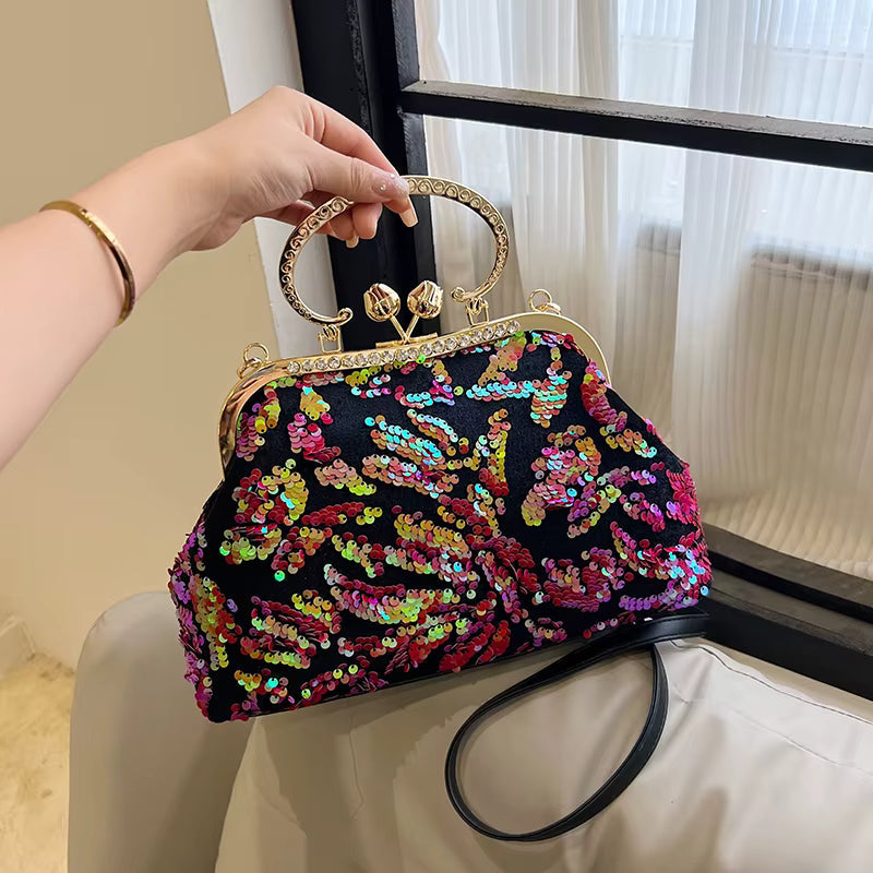 Luxury Embroidery Sequin Flowers Clip Shoulder Shell Evening Bag Mssza