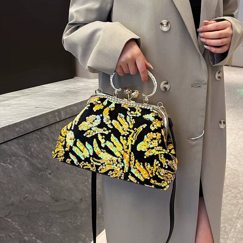 Luxury Embroidery Sequin Flowers Clip Shoulder Shell Evening Bag Mssza