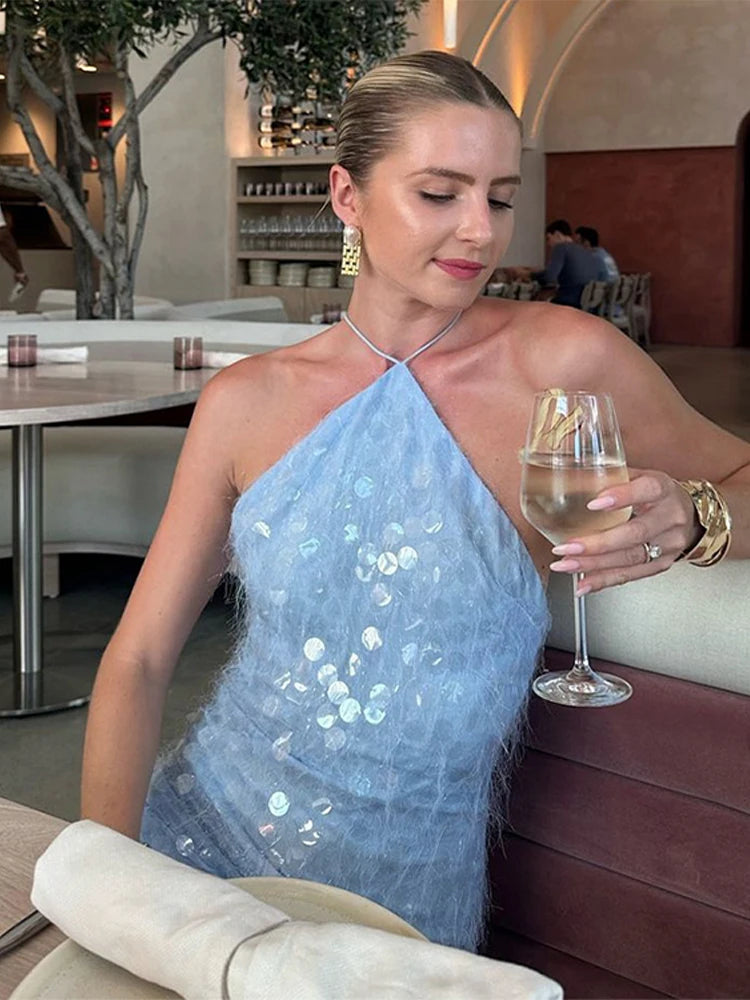 Luxury Sequin Halter Hanging Neck Hollow Out Bead Backless Cross Strap Mini Dress Mssza