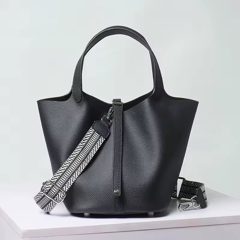 Luxury Soft Genuine Leather No Zipper Portable With Lock Bucket Handbag Mssza