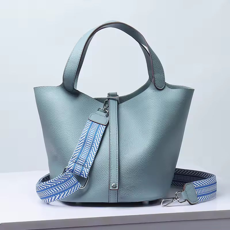 Luxury Soft Genuine Leather No Zipper Portable With Lock Bucket Handbag Mssza