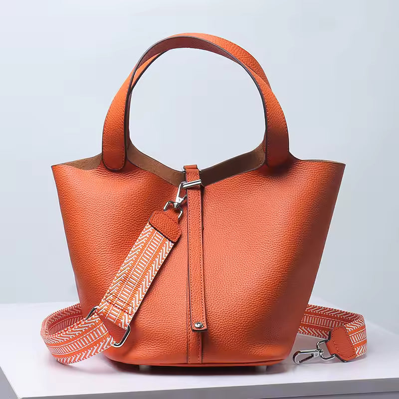 Luxury Soft Genuine Leather No Zipper Portable With Lock Bucket Handbag Mssza
