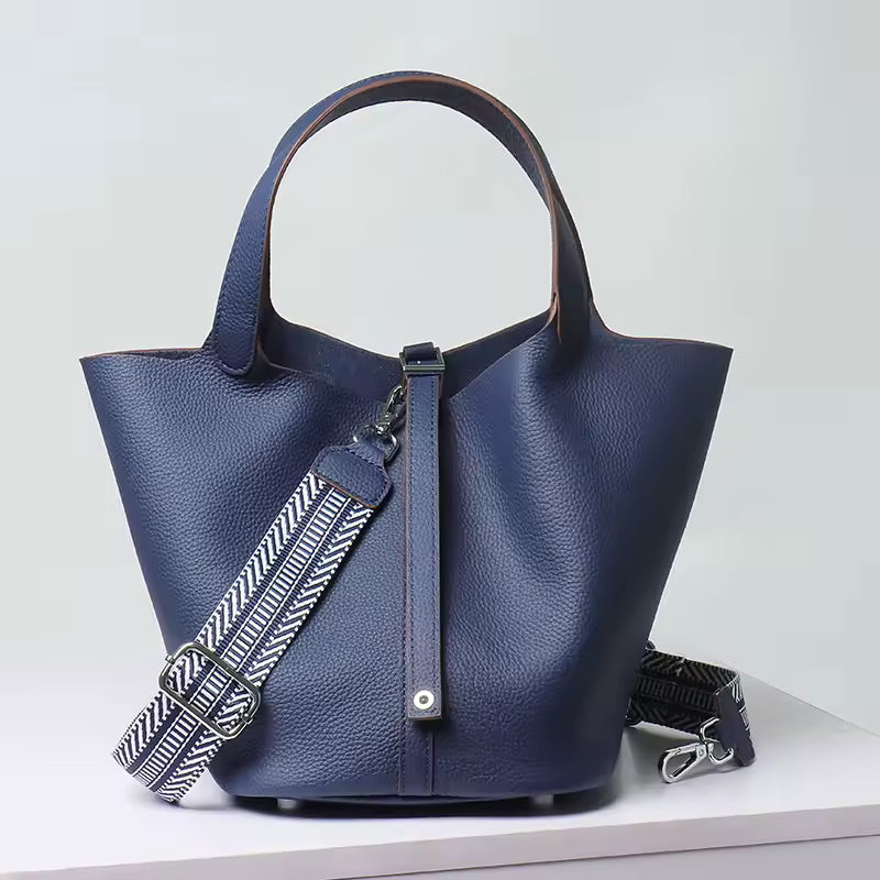 Luxury Soft Genuine Leather No Zipper Portable With Lock Bucket Handbag Mssza