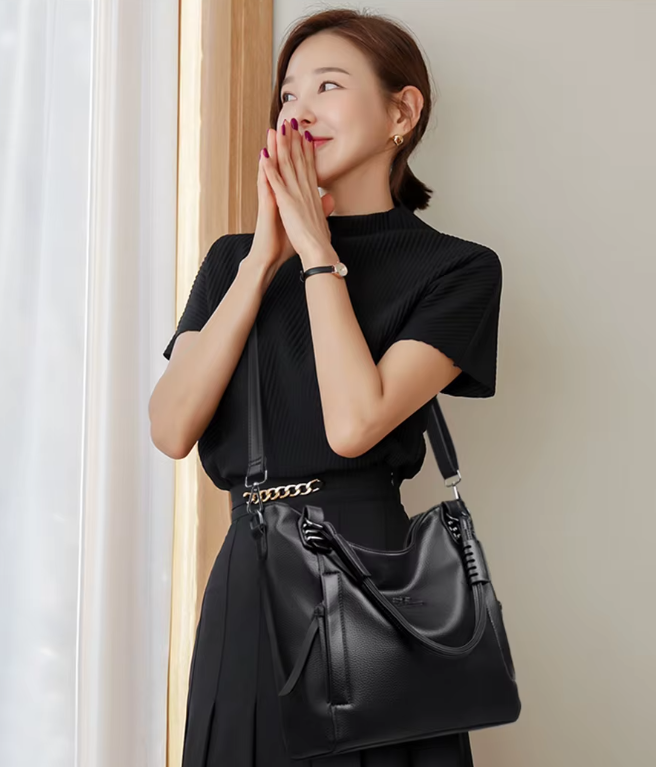 Luxury Soft Genuine Leather Solid Color Cowhide Tote Shoulder Messenger Handbag Mssza
