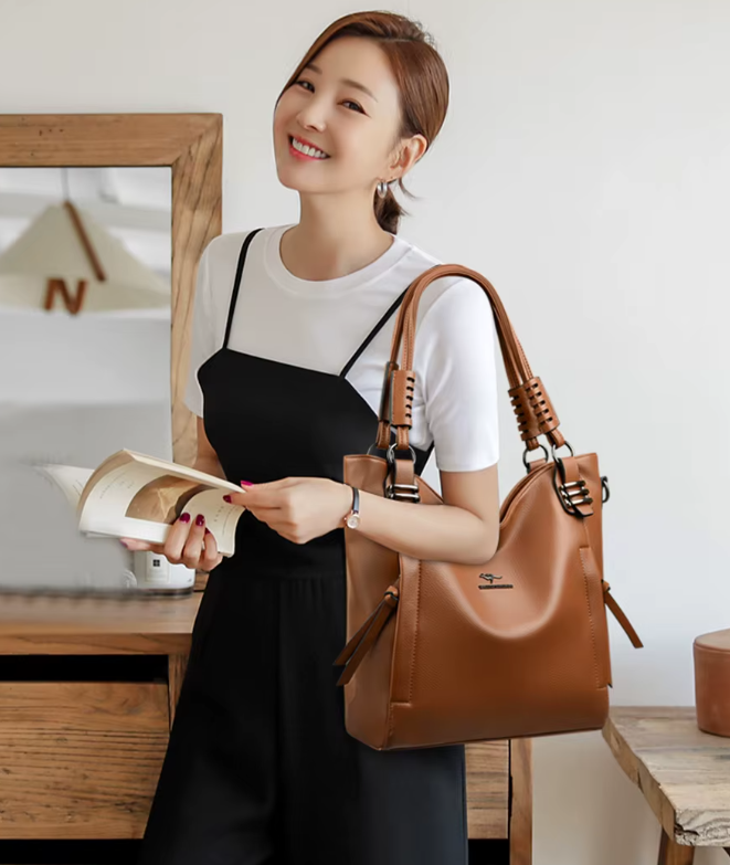 Luxury Soft Genuine Leather Solid Color Cowhide Tote Shoulder Messenger Handbag Mssza