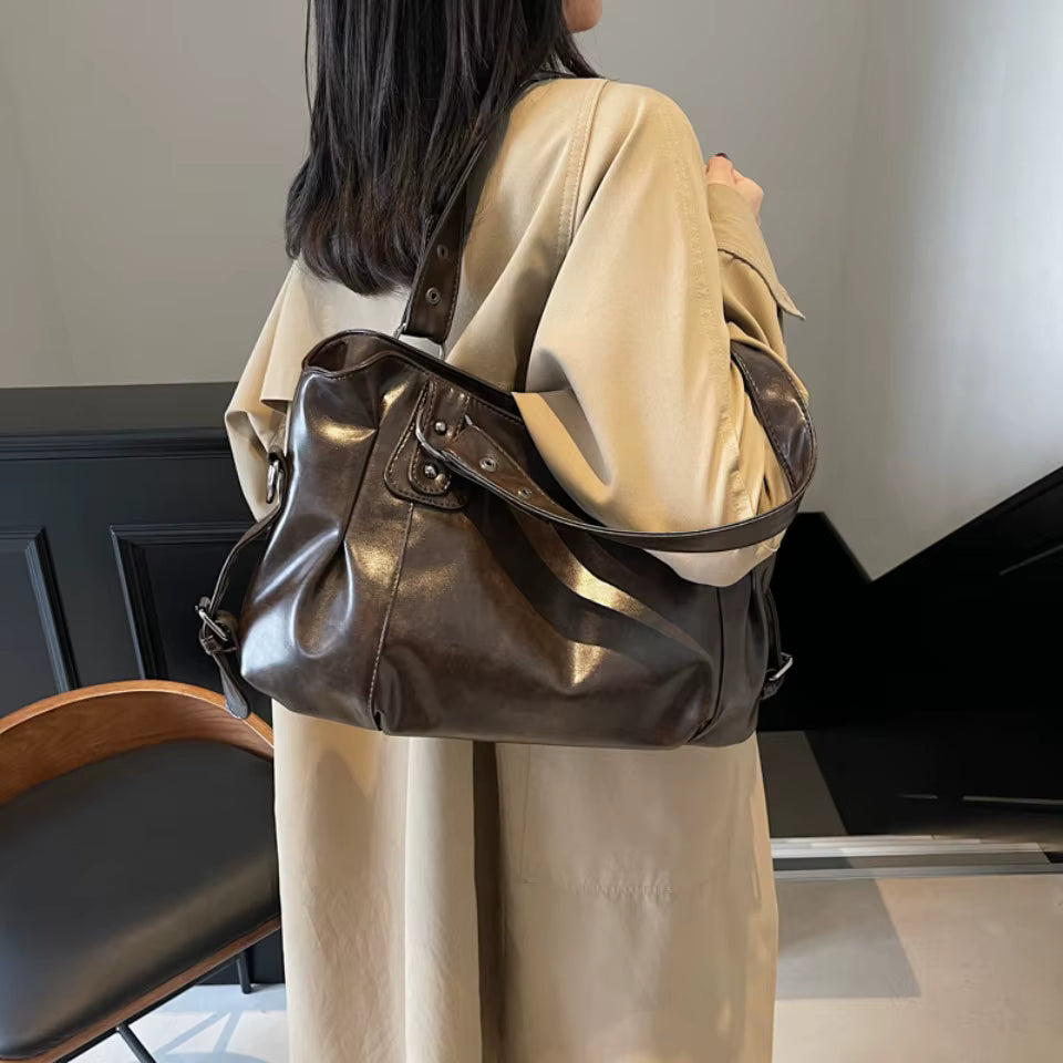Luxury Solid Color Classic Large Capacity Style Soft PU Leather Tote Bag Mssza