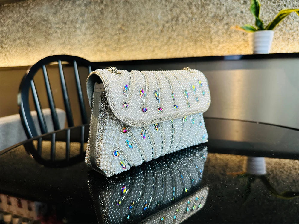 Luxury Striped Pearl Designer Beading Rhinestone Shiny Party Clutch Purses Bags Mssza