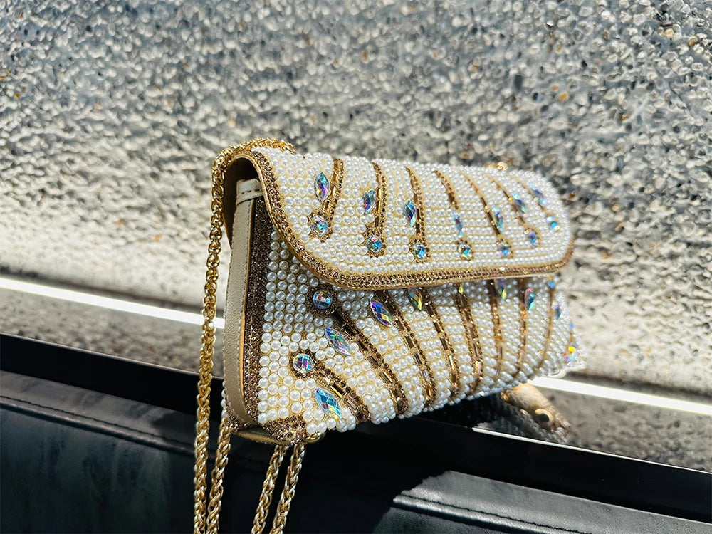Luxury Striped Pearl Designer Beading Rhinestone Shiny Party Clutch Purses Bags Mssza
