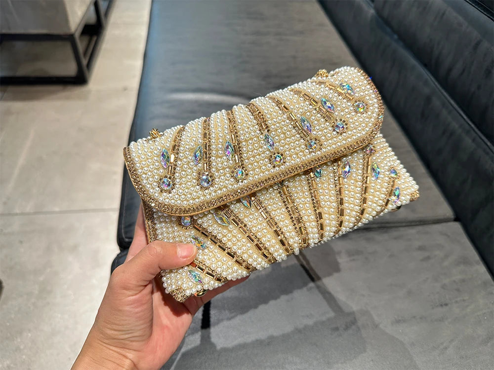 Luxury Striped Pearl Designer Beading Rhinestone Shiny Party Clutch Purses Bags Mssza