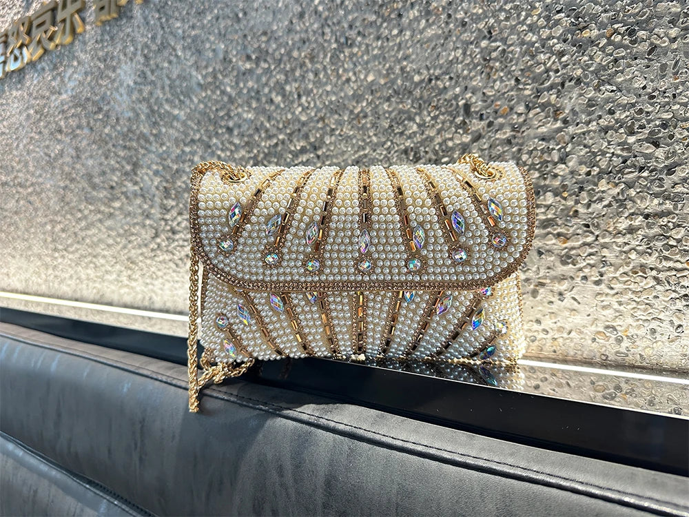 Luxury Striped Pearl Designer Beading Rhinestone Shiny Party Clutch Purses Bags Mssza