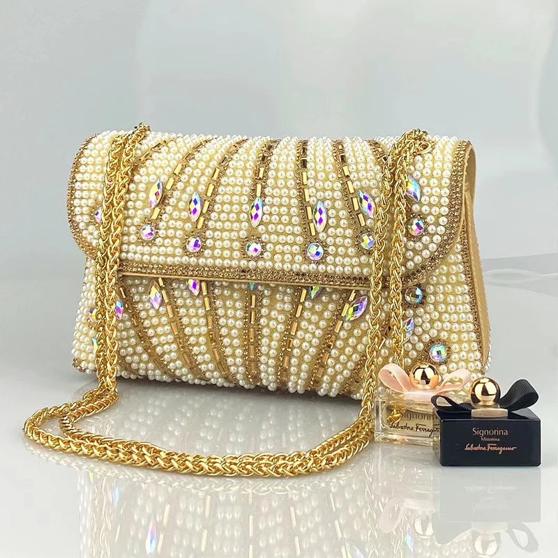 Luxury Striped Pearl Designer Beading Rhinestone Shiny Party Clutch Purses Bags Mssza