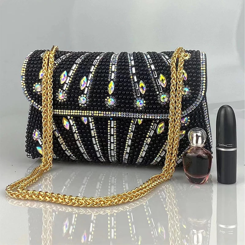 Luxury Striped Pearl Designer Beading Rhinestone Shiny Party Clutch Purses Bags Mssza