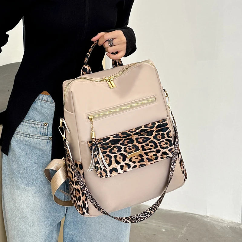 Luxury Tassel Multi-function Leopard Backpack Lightweight Commute Nylon Travel Bag Mssza