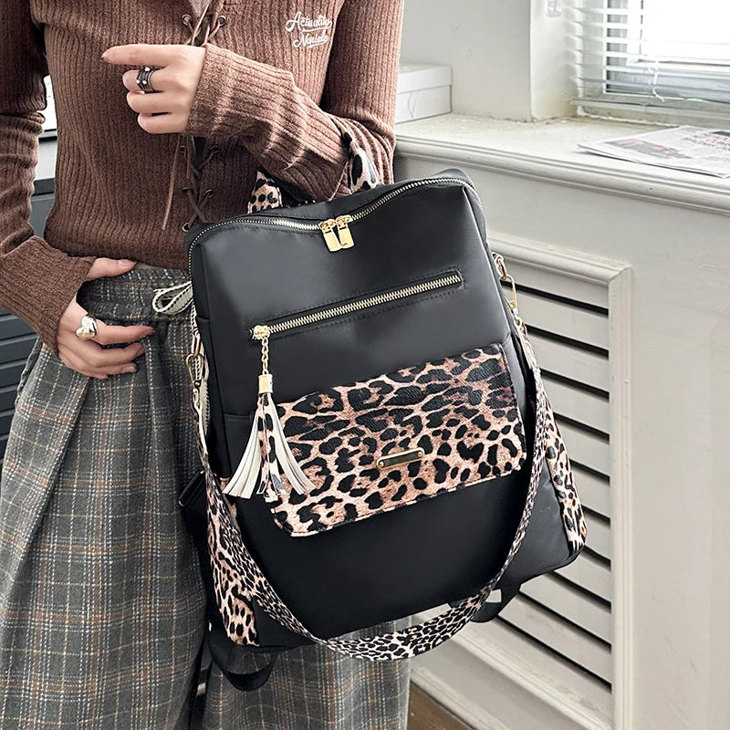 Luxury Tassel Multi-function Leopard Backpack Lightweight Commute Nylon Travel Bag Mssza