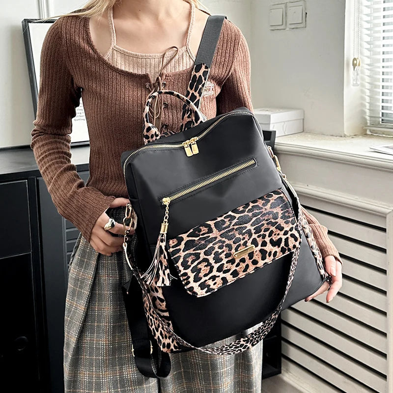 Luxury Tassel Multi-function Leopard Backpack Lightweight Commute Nylon Travel Bag Mssza