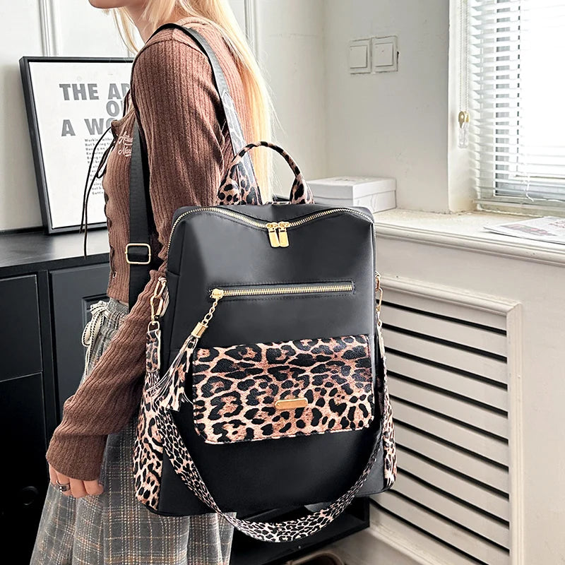 Luxury Tassel Multi-function Leopard Backpack Lightweight Commute Nylon Travel Bag Mssza