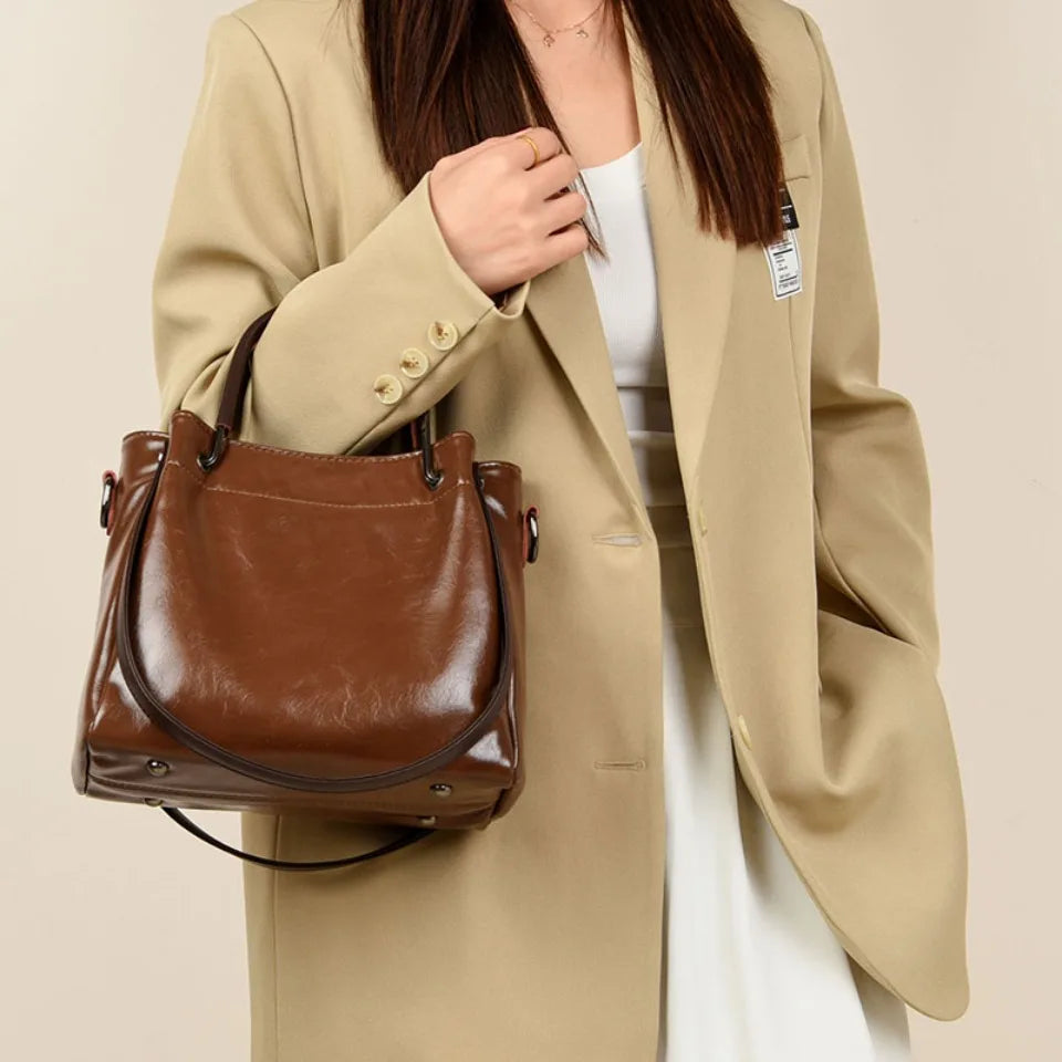Luxury Vintage Large Capacity Tote Oil Pu Leather Shoulder Hand Bags Mssza
