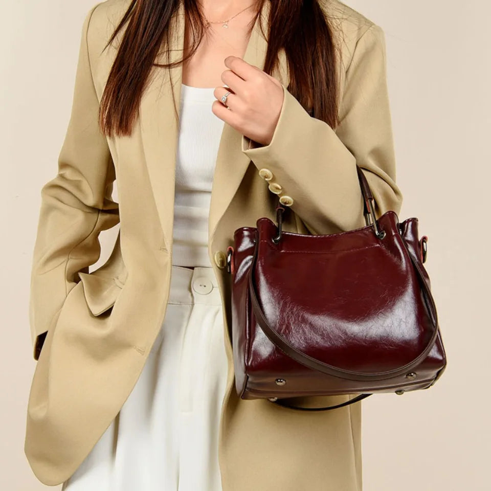 Luxury Vintage Large Capacity Tote Oil Pu Leather Shoulder Hand Bags Mssza