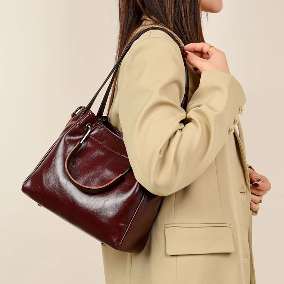 Luxury Vintage Large Capacity Tote Oil Pu Leather Shoulder Hand Bags Mssza