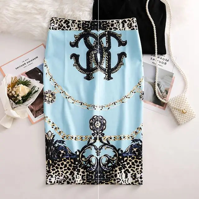 Luxury Vintage Printed Pencil Long Skirt Office Skirts High Waist Slim Bodycon Midi Casual Mssza
