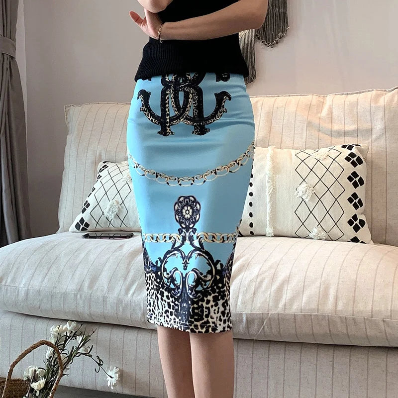Luxury Vintage Printed Pencil Long Skirt Office Skirts High Waist Slim Bodycon Midi Casual Mssza