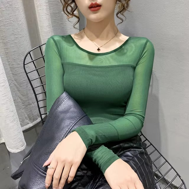 Mesh Bottoming Round Neck Shirt Long Sleeve Solid Color Slim Fit Casual T shirt Mssza