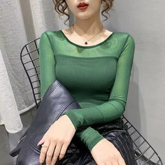 Mesh Bottoming Round Neck Shirt Long Sleeve Solid Color Slim Fit Casual T shirt Mssza