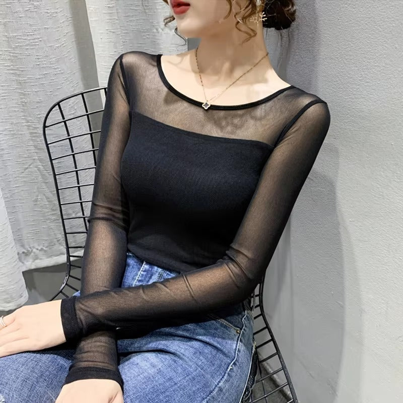 Mesh Bottoming Round Neck Shirt Long Sleeve Solid Color Slim Fit Casual T shirt Mssza
