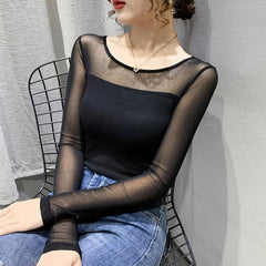 Mesh Bottoming Round Neck Shirt Long Sleeve Solid Color Slim Fit Casual T shirt Mssza