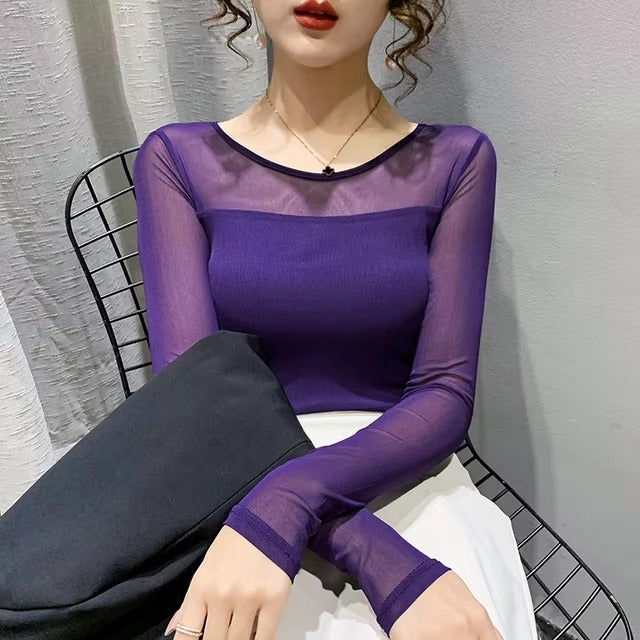 Mesh Bottoming Round Neck Shirt Long Sleeve Solid Color Slim Fit Casual T shirt Mssza