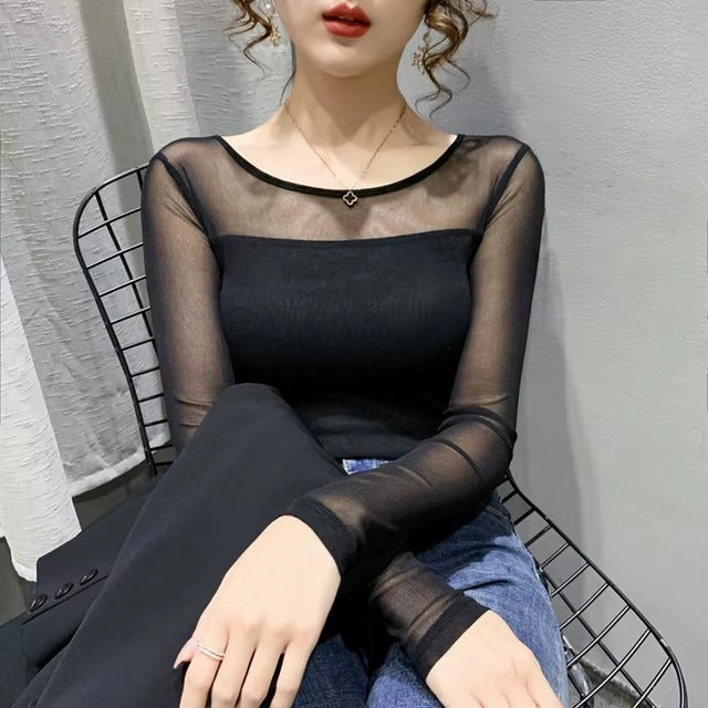 Mesh Bottoming Round Neck Shirt Long Sleeve Solid Color Slim Fit Casual T shirt Mssza