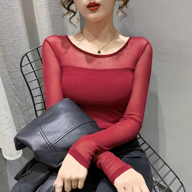 Mesh Bottoming Round Neck Shirt Long Sleeve Solid Color Slim Fit Casual T shirt Mssza
