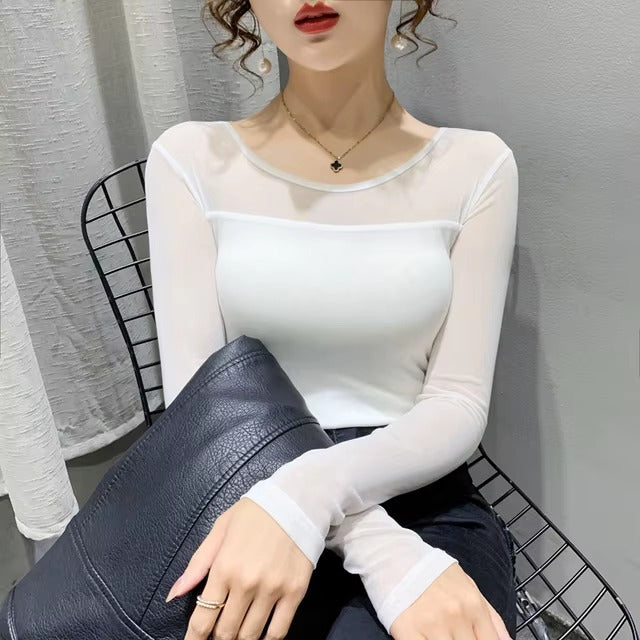 Mesh Bottoming Round Neck Shirt Long Sleeve Solid Color Slim Fit Casual T shirt Mssza
