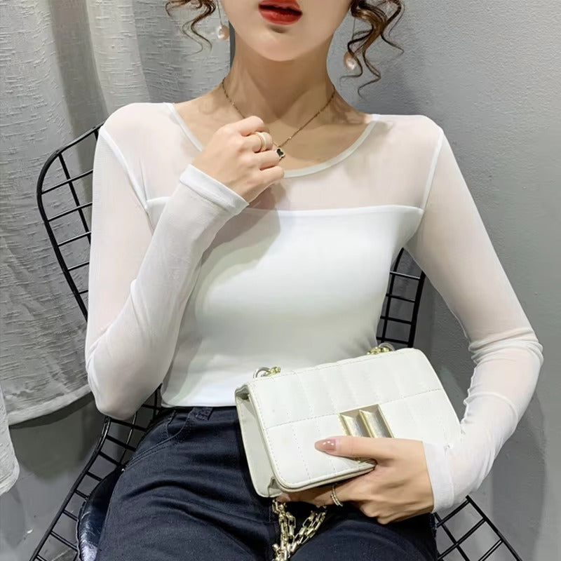 Mesh Bottoming Round Neck Shirt Long Sleeve Solid Color Slim Fit Casual T shirt Mssza