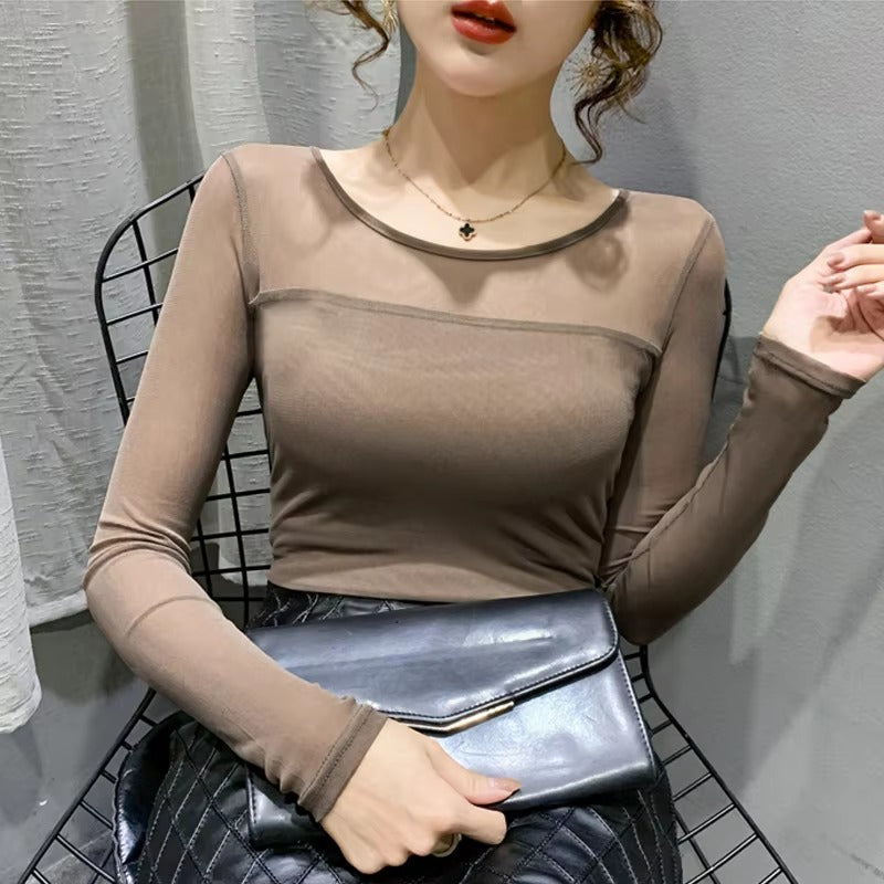 Mesh Bottoming Round Neck Shirt Long Sleeve Solid Color Slim Fit Casual T shirt Mssza