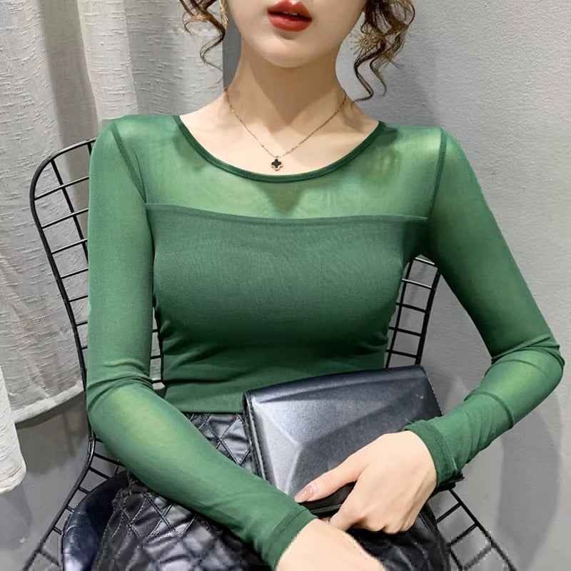 Mesh Bottoming Round Neck Shirt Long Sleeve Solid Color Slim Fit Casual T shirt Mssza