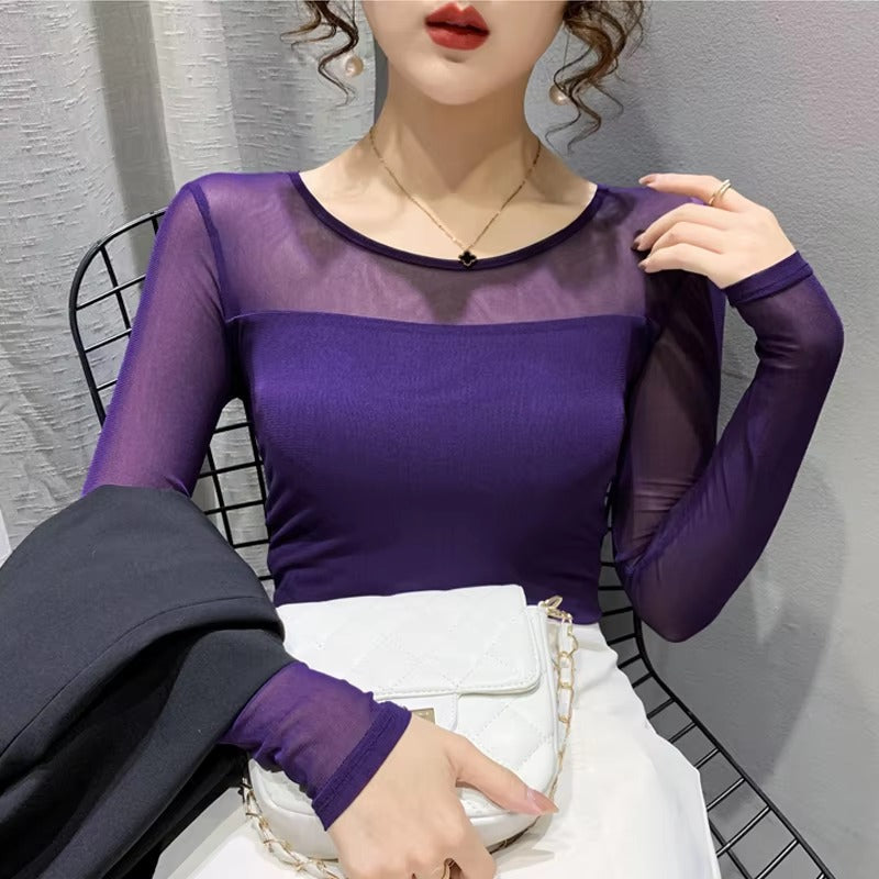 Mesh Bottoming Round Neck Shirt Long Sleeve Solid Color Slim Fit Casual T shirt Mssza