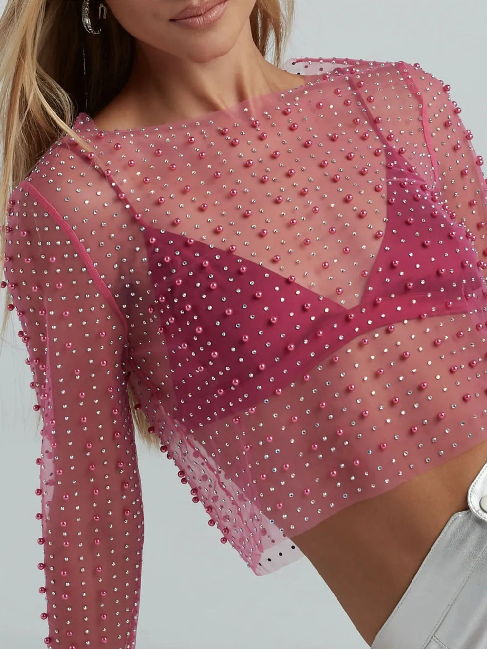 Mesh Crop Tops Sheer O Neck Long Sleeve Tops Femme See Through T-shirt Top Fashion Mssza