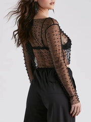 Mesh Crop Tops Sheer O Neck Long Sleeve Tops Femme See Through T-shirt Top Fashion Mssza