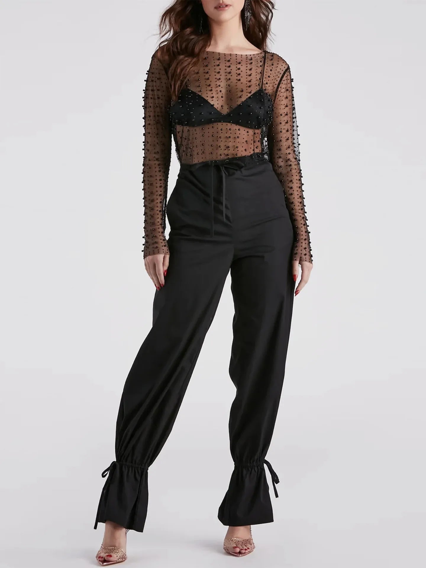 Mesh Crop Tops Sheer O Neck Long Sleeve Tops Femme See Through T-shirt Top Fashion Mssza