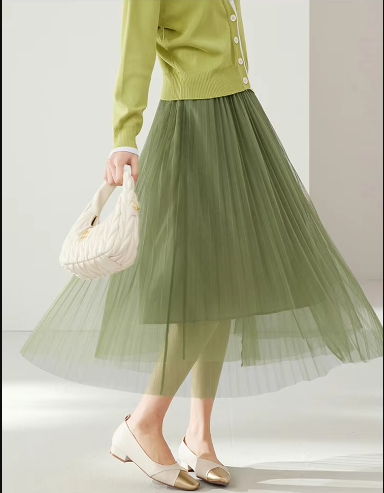 Mesh Elastic Waist Office Siwng Solid Vintage And Beautiful Midi Skirts Mssza